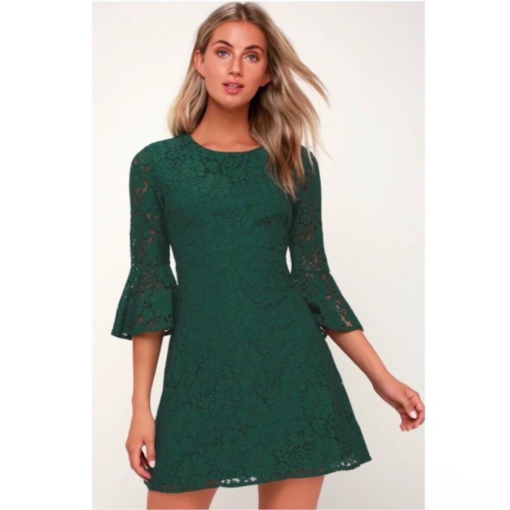 Lulus Favorite Flair Green Floral Lace Flounce Bell Sleeve A-Line Mini Dress M